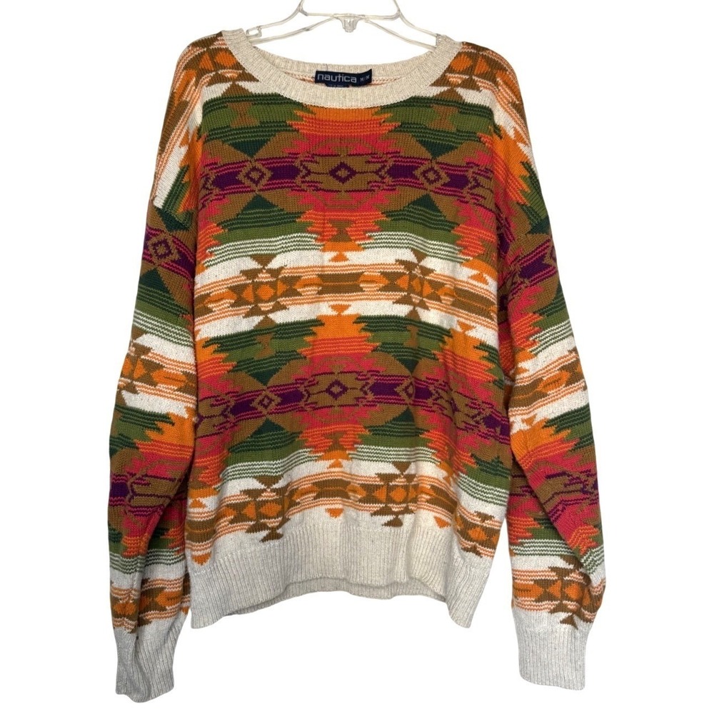 90s Vintage Nautica Aztec Southwestern‎ Sweater Medium Cotton Knit Cabin Core